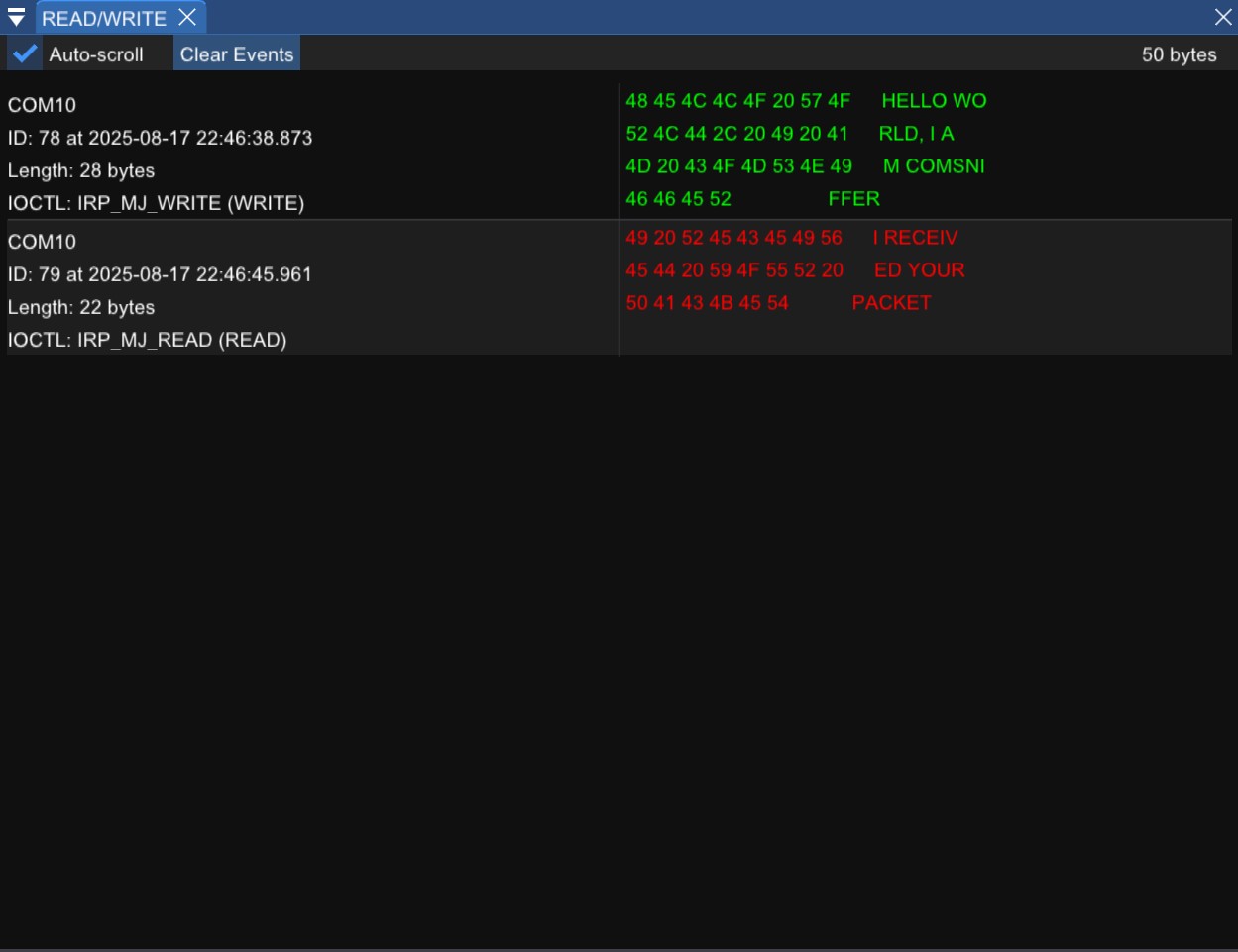 Filtro IRP_MJ_READ y IRP_MJ_WRITE en COM Sniffer